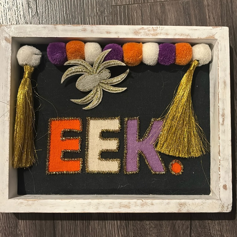 Halloween spider Pom Pom distressed boho wooden decor frame